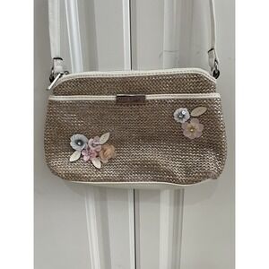 Liz Claiborne Women's White Tan Crossbody Purse With Sequin Flower Details. NWoT
